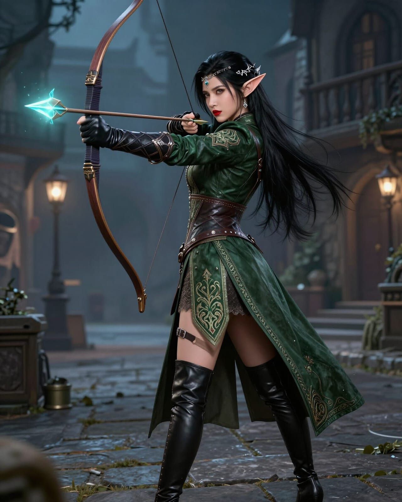 A beautiful raven haired female elf woman aiming a magical bow.  by @Miss_Voodoo