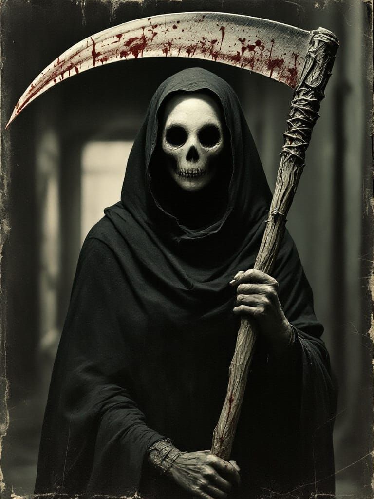 Eerie Vintage Photo of Faceless Grim Reaper