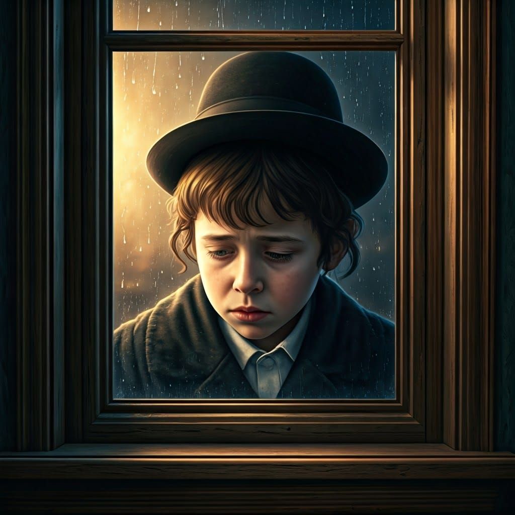 Melancholic Hasidic Youth Contemplates Rainy Day Outside