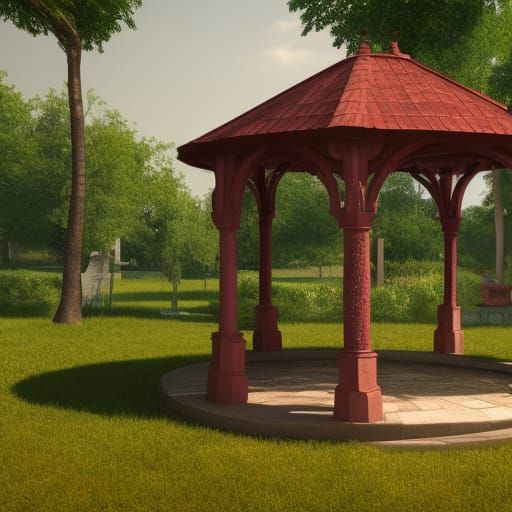 garden gazebo in a church courtyard, students sitting in the...