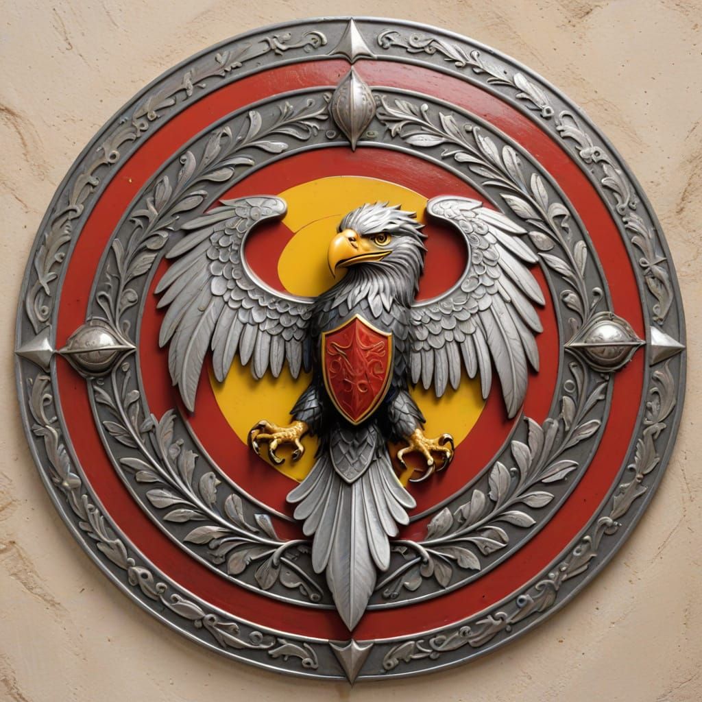 Roman sheild with red, yellow and silver design of an eagle in the center   by @BulePanda