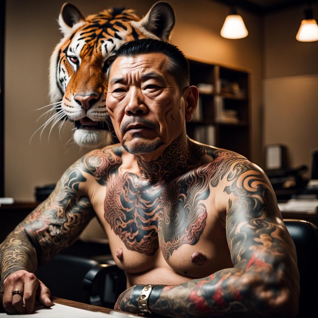 Sinister middle aged asian men with yakuza tattoo in a dark office with a  mounted tiger head on the wall in color Professional photography,... - AI  Generated Artwork - NightCafe Creator