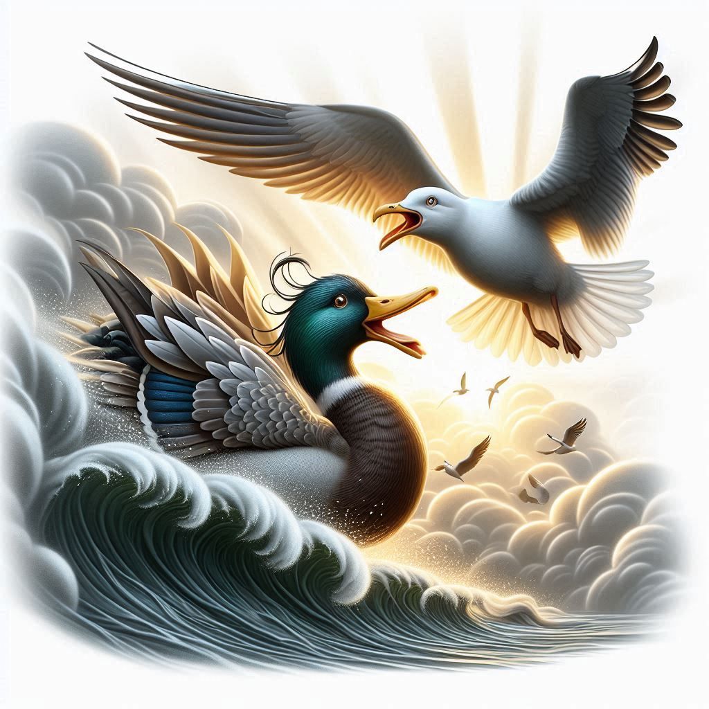 Walka kaczki z mewa a może to zabawa?