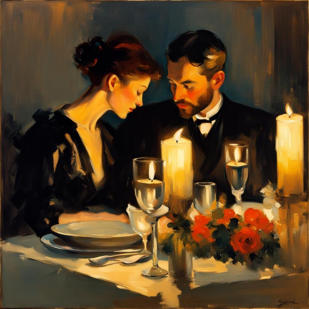 Style of John Singer Sargent,a couple at a candlelit dinner  by @Alison