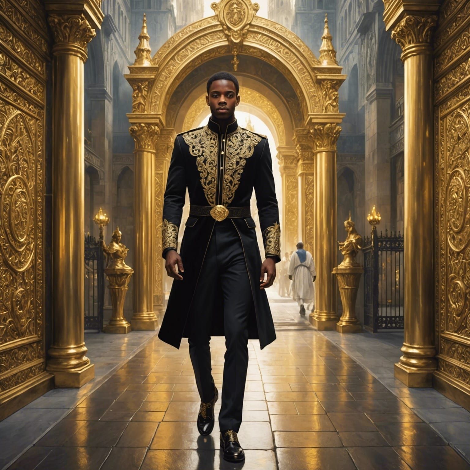 Young prince walking through the entrance of the beautiful palace gates.