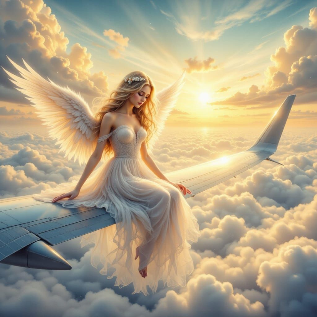 Angel in Gouache Style Above Clouds