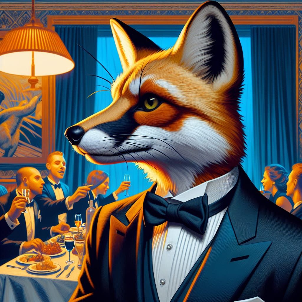 A stylish anthropomorphic fox wearing a tuxedo at a dinner party.