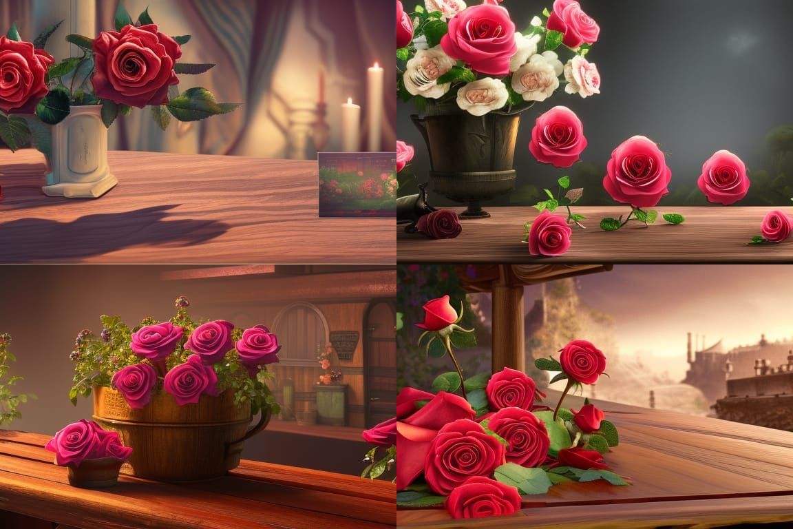 roses and pistols on a wooden table, detailed matte painting...