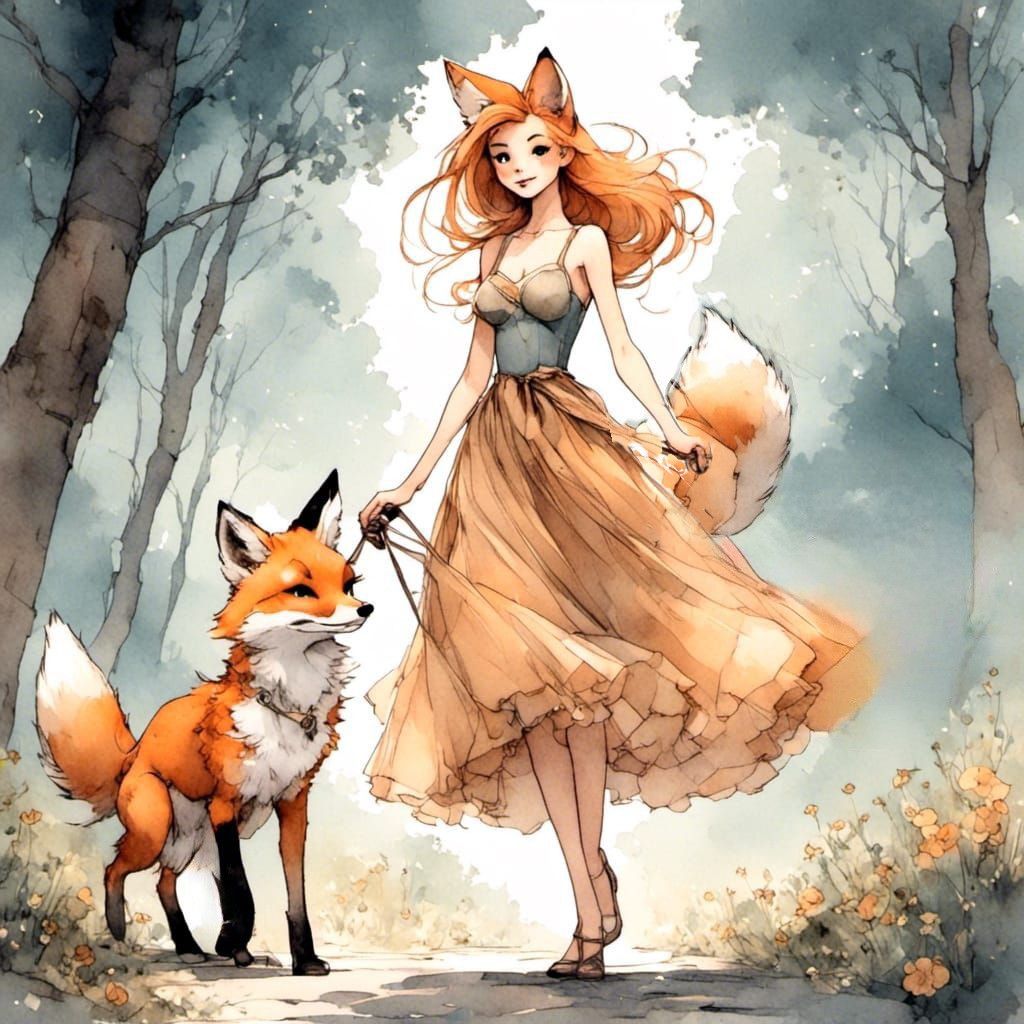 Fox-girl VIXEN walking a fox on a leash.
