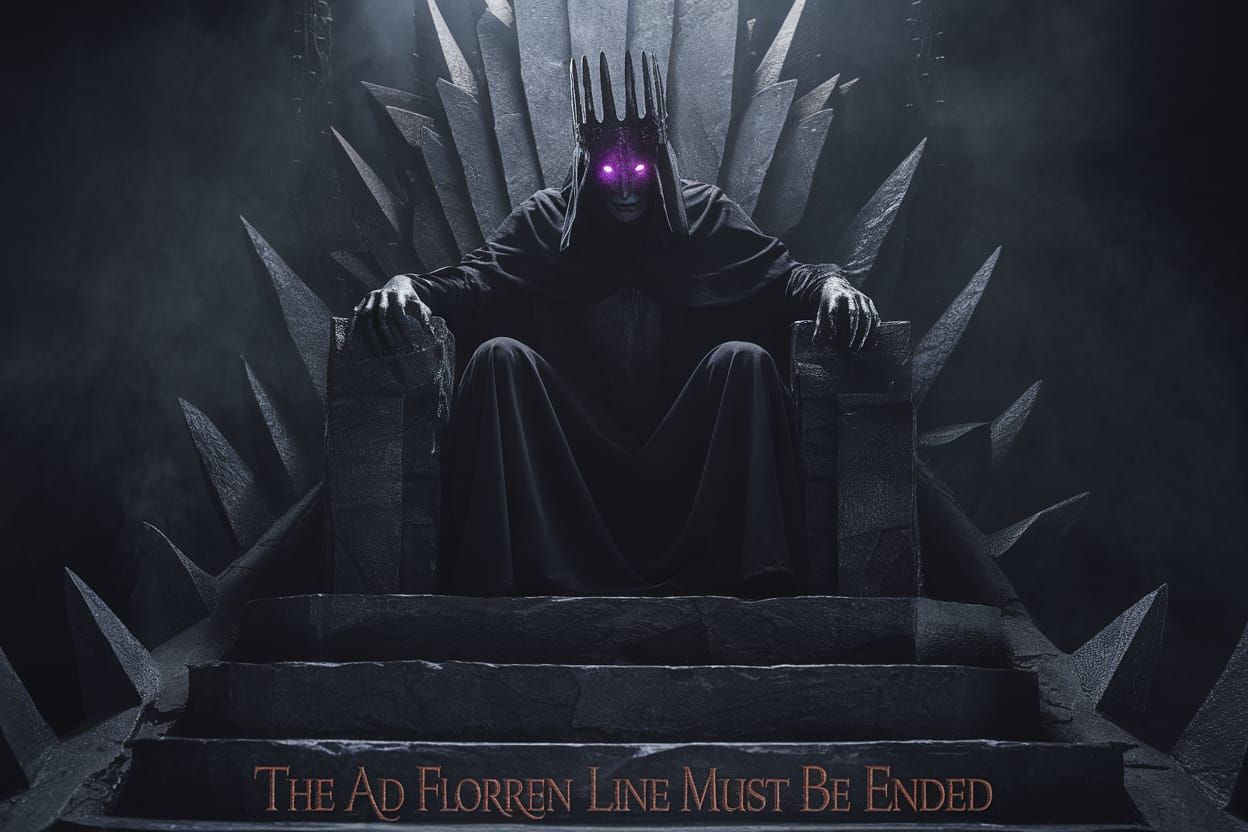 Depict a shadowy, human-like figure cloaked and wreathed in black smoke, his eyes glowing a fiery royal purple, sitting upon a jagged stone...