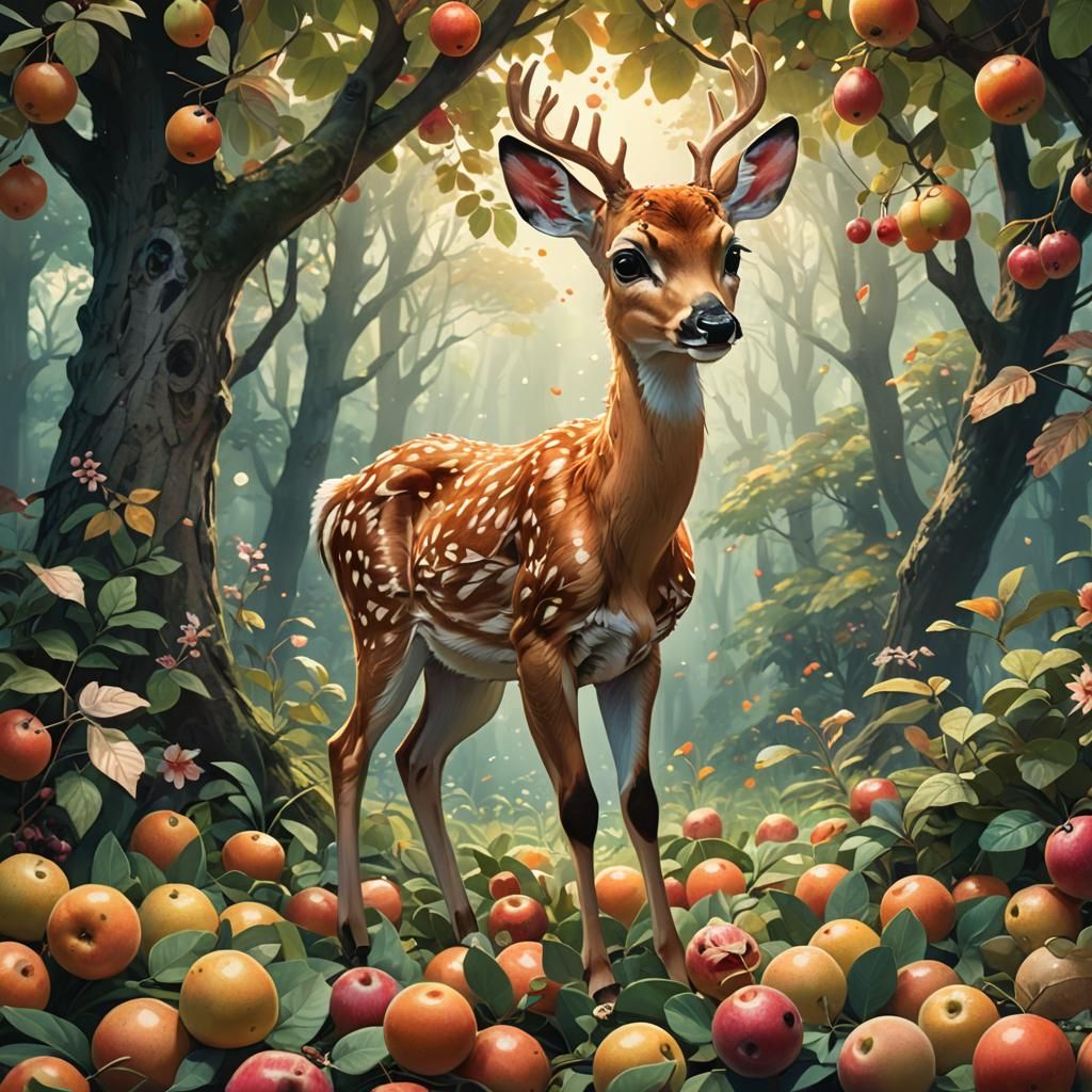 Fawn Hiding Among Fruit Trees in Watercolor Style