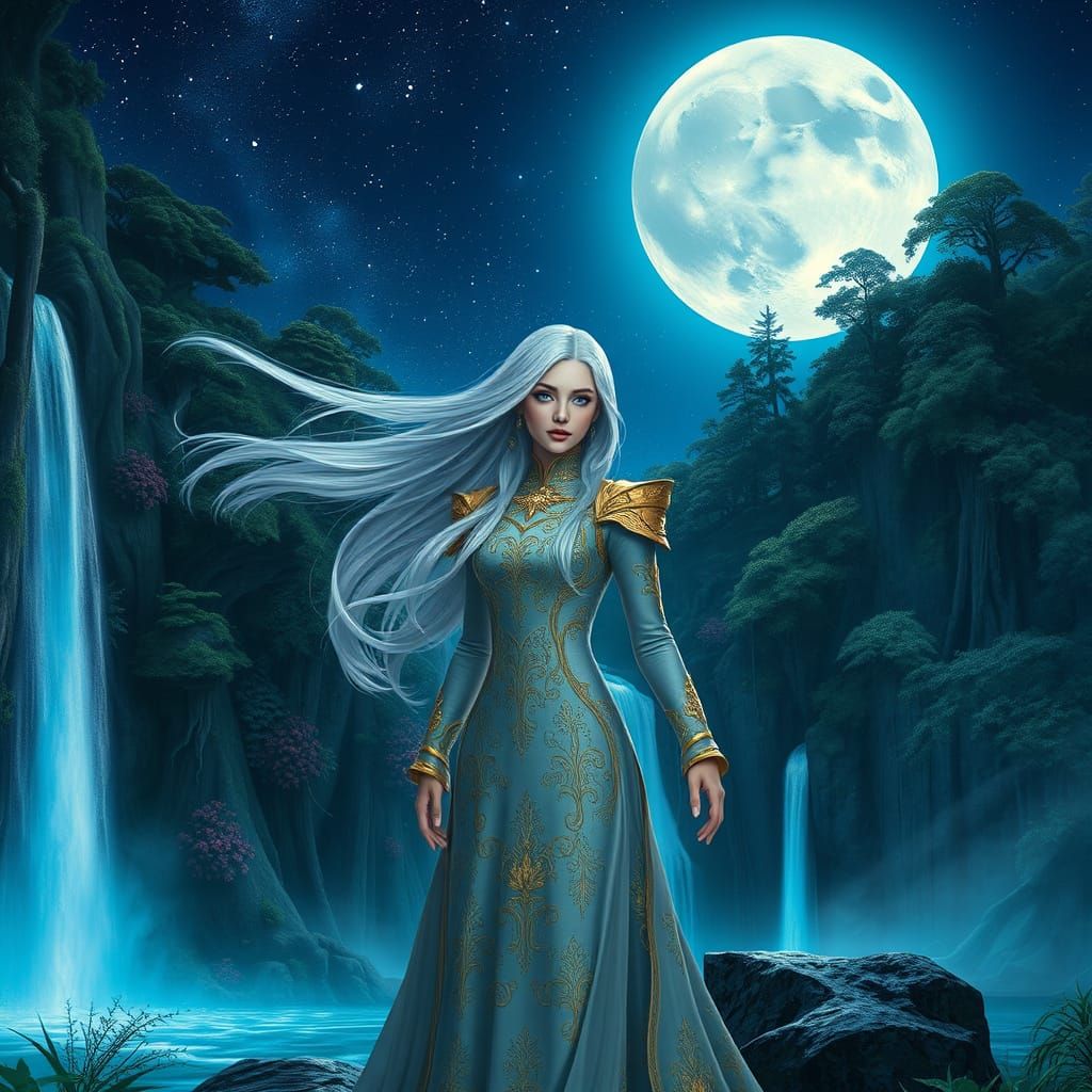 Ethereal Maiden at Iridescent Waterfall in Fantasy Style