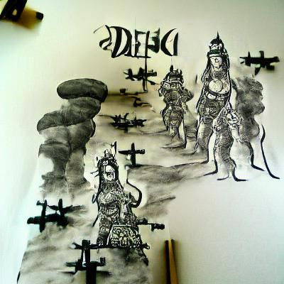 Deities at War ink drawing