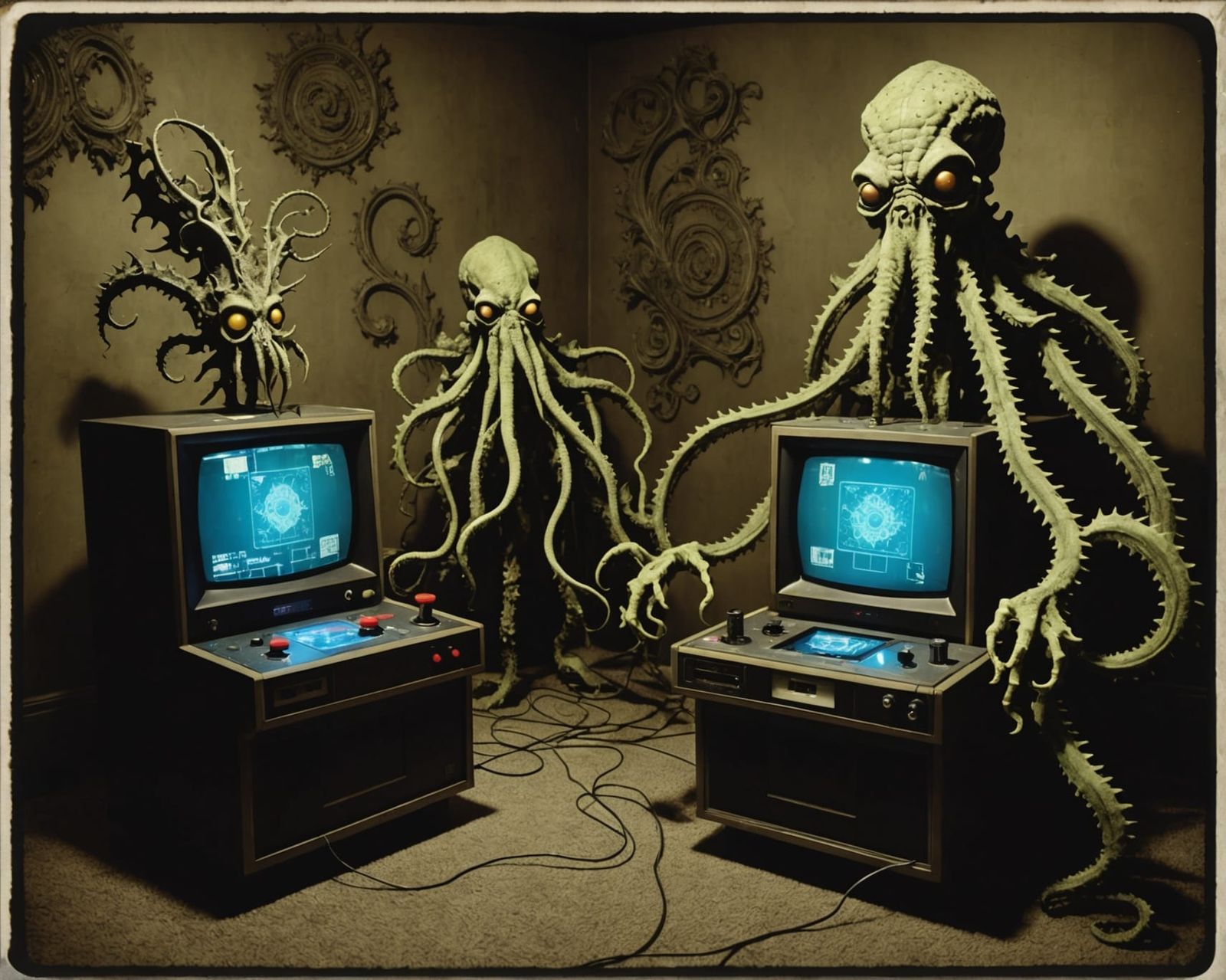 A fading Polaroid photograph of Cthulhu and Eldritch Abomati...