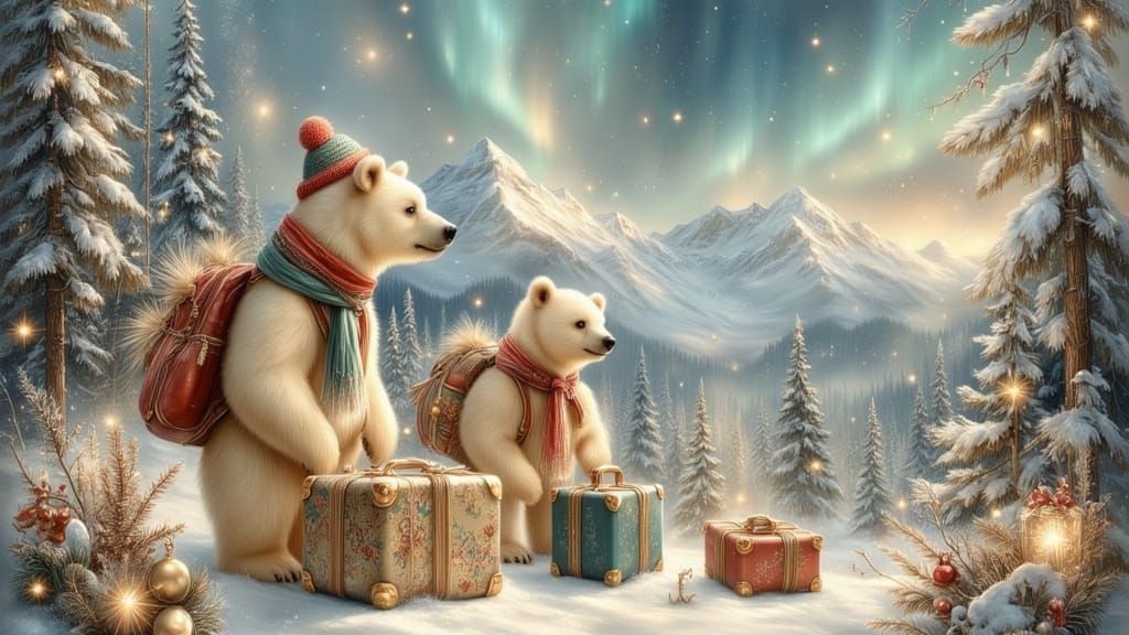 a family of polar bears , packing for christmas holidays wit...