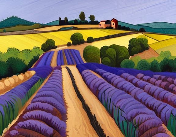 French lavender fields, fine art Grant Wood style combined w...