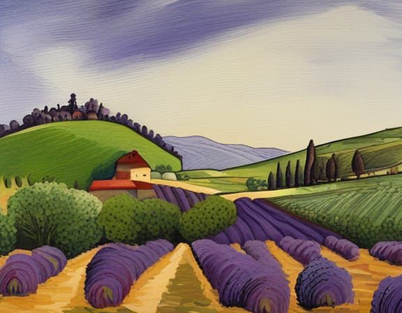 French lavender fields, fine art Grant Wood style combined w...