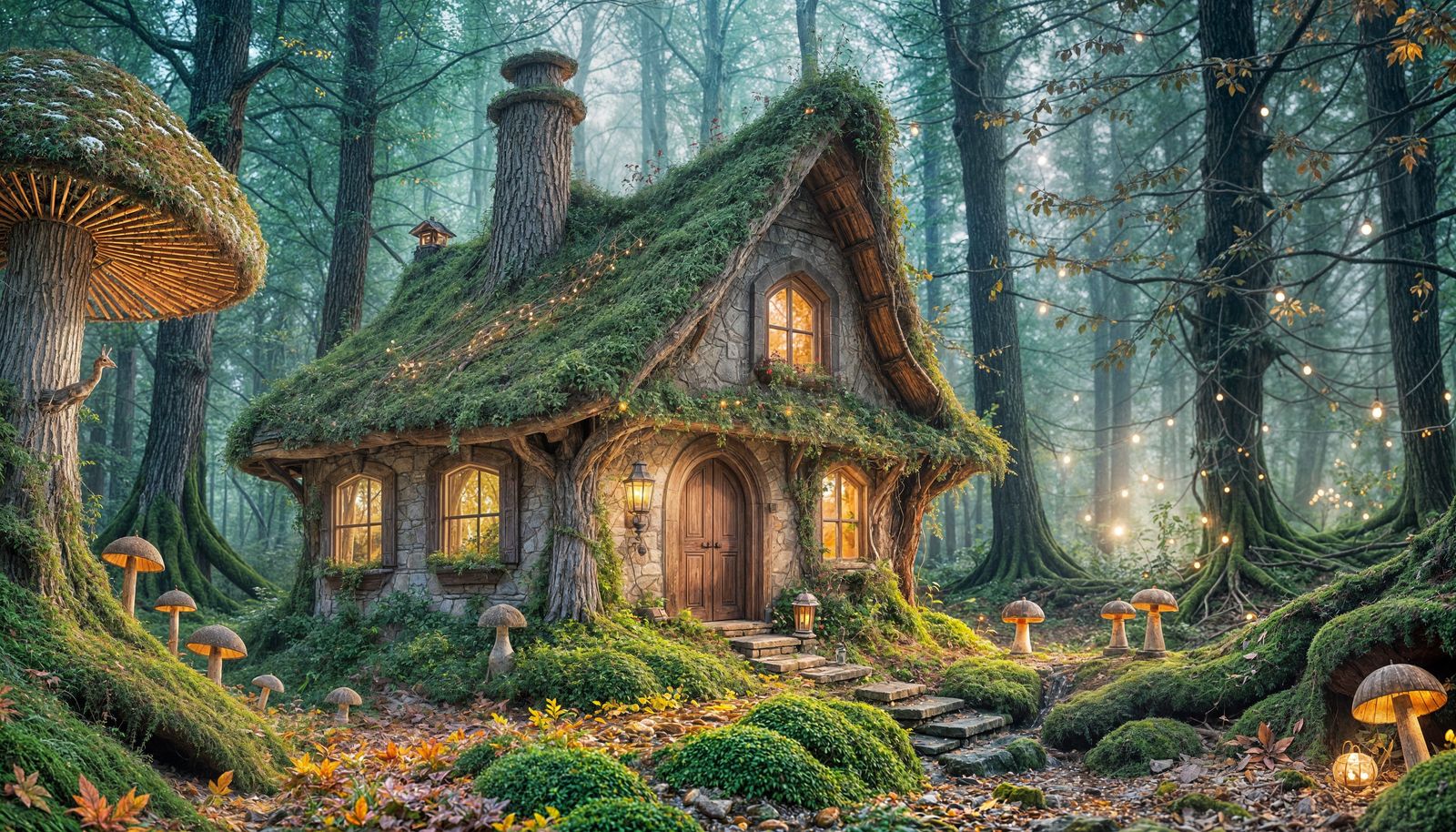 "A cozy autumn forest scene at dusk, with golden leaves falling from trees. The forest floor is covered in soft moss and...