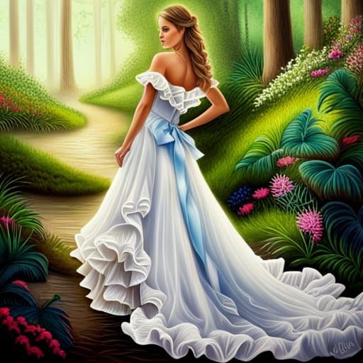 Beautiful Woman in a Ruffled Dress in a Magical Garden