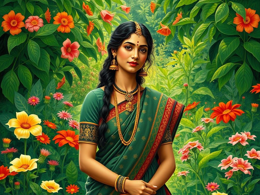 Serene Indian Goddess in Whimsical Garden Setting