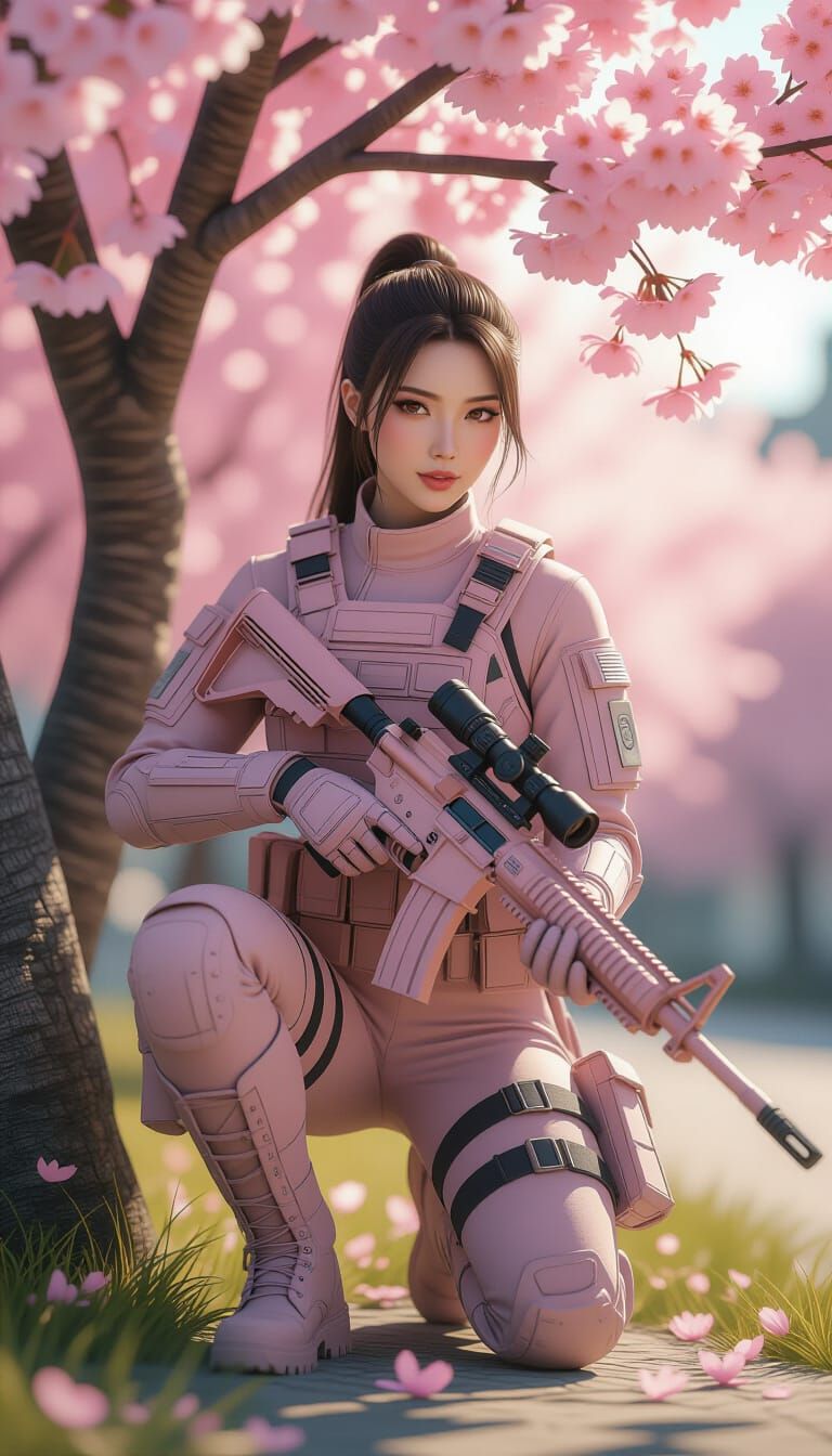 Pastel Tactical Woman Kneels by Cherry Blossoms