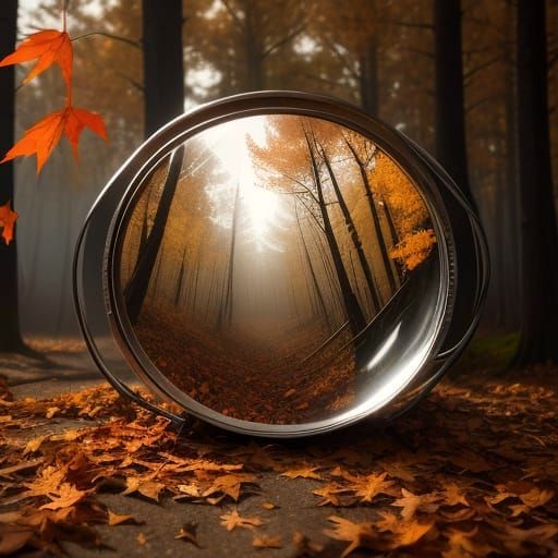 A strange double-exposure photograph showing a close-up of an autumn forest caught in a windstorm, all contained within a bucket, viewed thr...