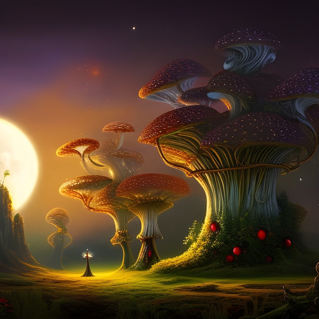 Mushroom Bloom under a Full Moon  by @Skyscribe