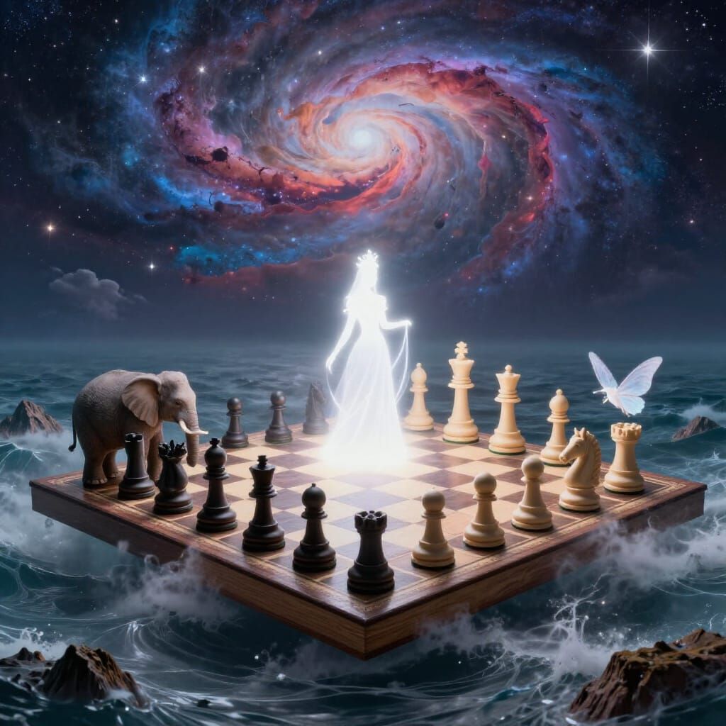 Magical Chessboard on Stormy Ocean in Epic Fantasy Style