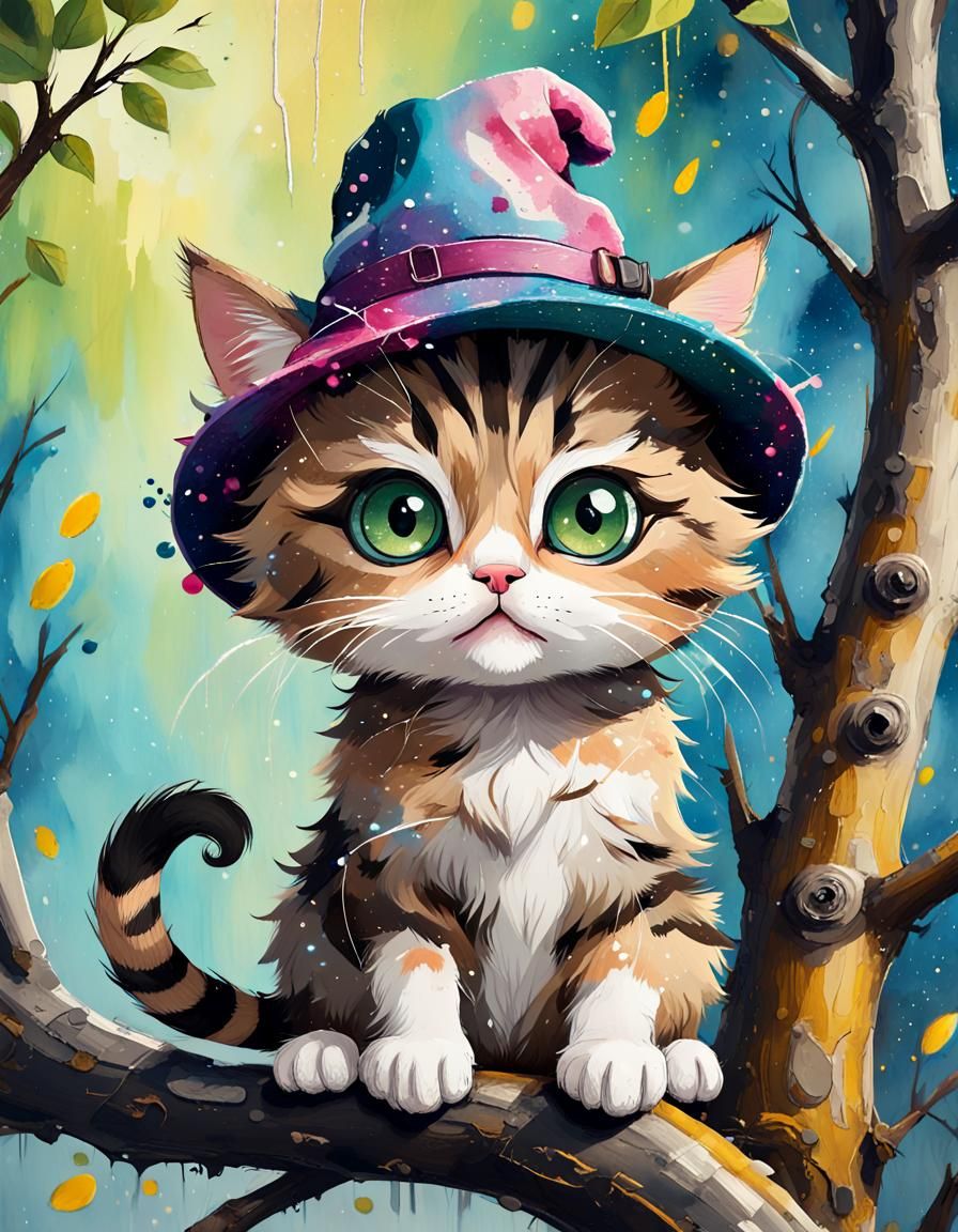 Chibi-style cat in a hat, cute, adorable, big eyes, sitting ...