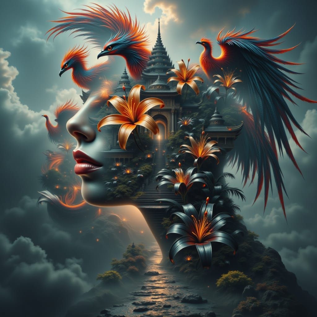 <lora:Triple Layer Effect:1.0> a triple layer portrait of a temple, a phoenix, black lilies, each image overlapping the other, stunning deta...
