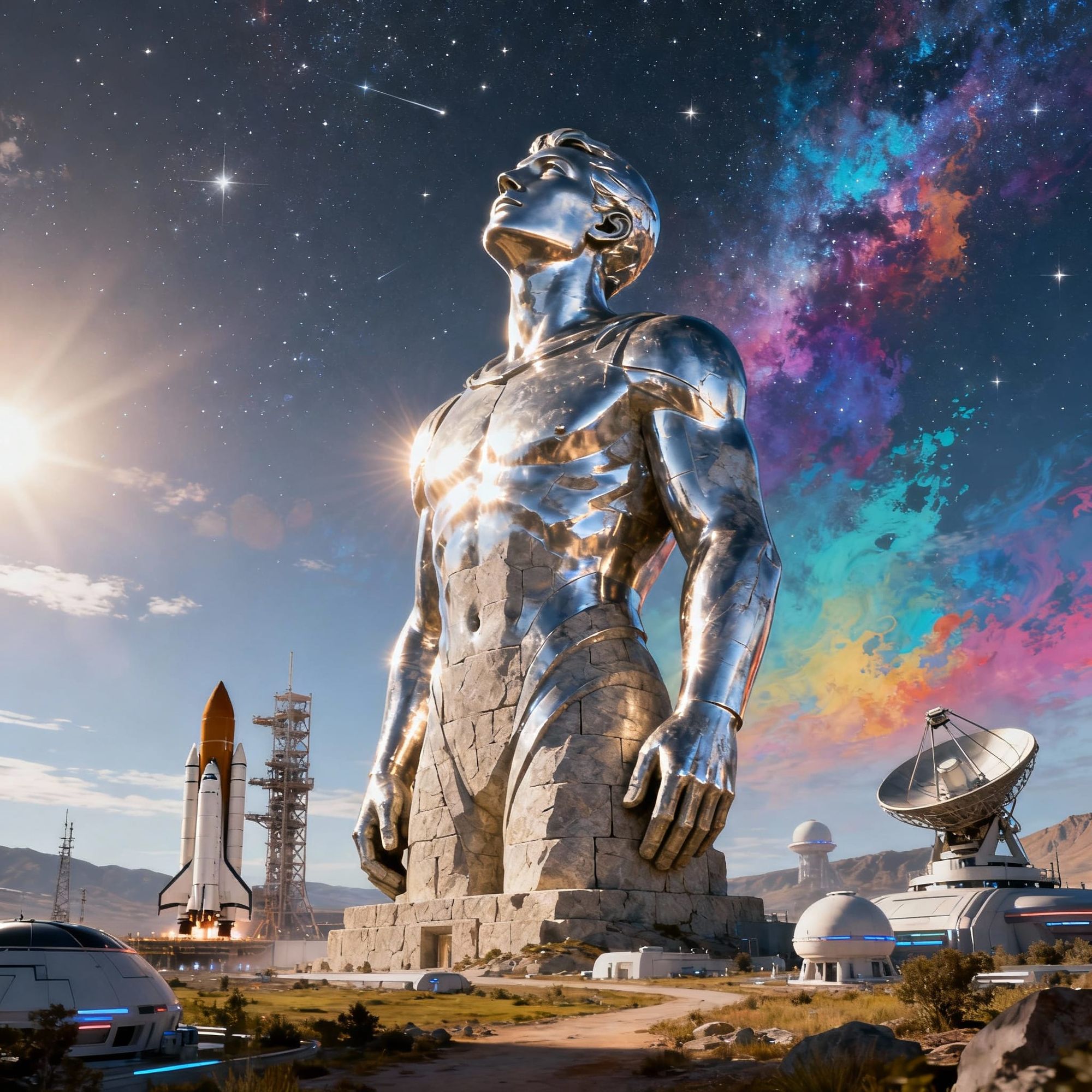 A colossal statue shaped like a human figure, standing tall with arms pressed tightly to the sides and head lifted upward toward the sky, sy...