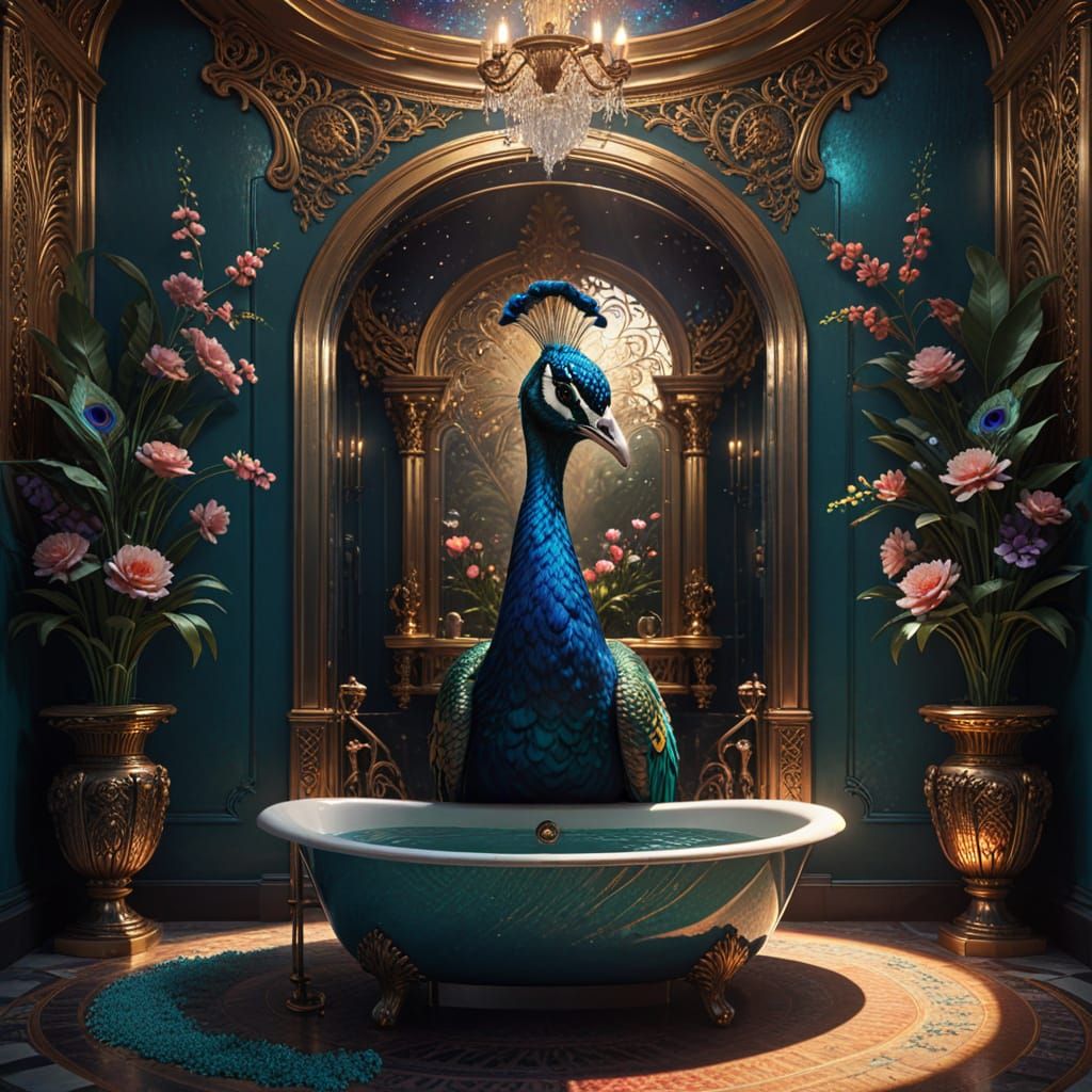 1920s Opulent Bathroom in Art Deco Style with Intricate Peac...