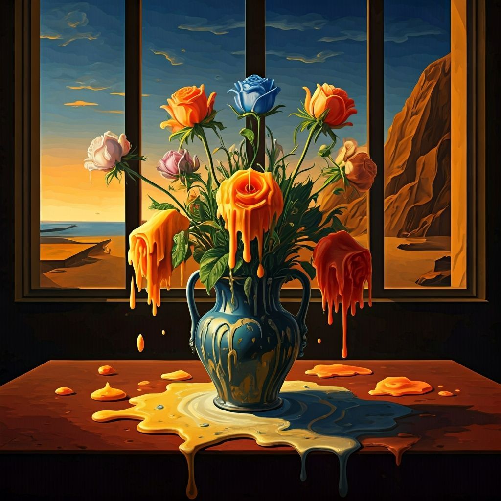 A surreal Salvador Dali style painting of a vase full of melting flowers sitting on the dinning room ...  by @Dantonio