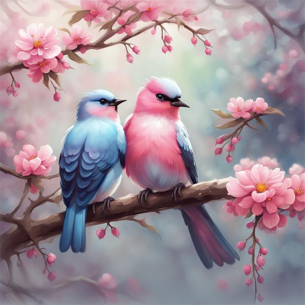 Pink and Blue Birds On A Branch