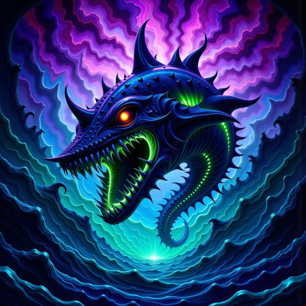 A gargantuan, otherworldly shark-xenomorph creature, with a sleek, bio-mechanical body, emerges from the dark depths of the ocean, its ridge...