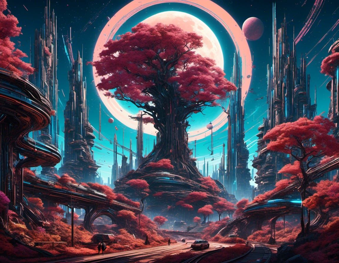 <lora:CortexFantasia:0.8> <lora:Gutterball:0.8> <lora:Arkitect:0.6> Ink Linework Ornament Colored planetside scene of a ygdrasil tree bursti...