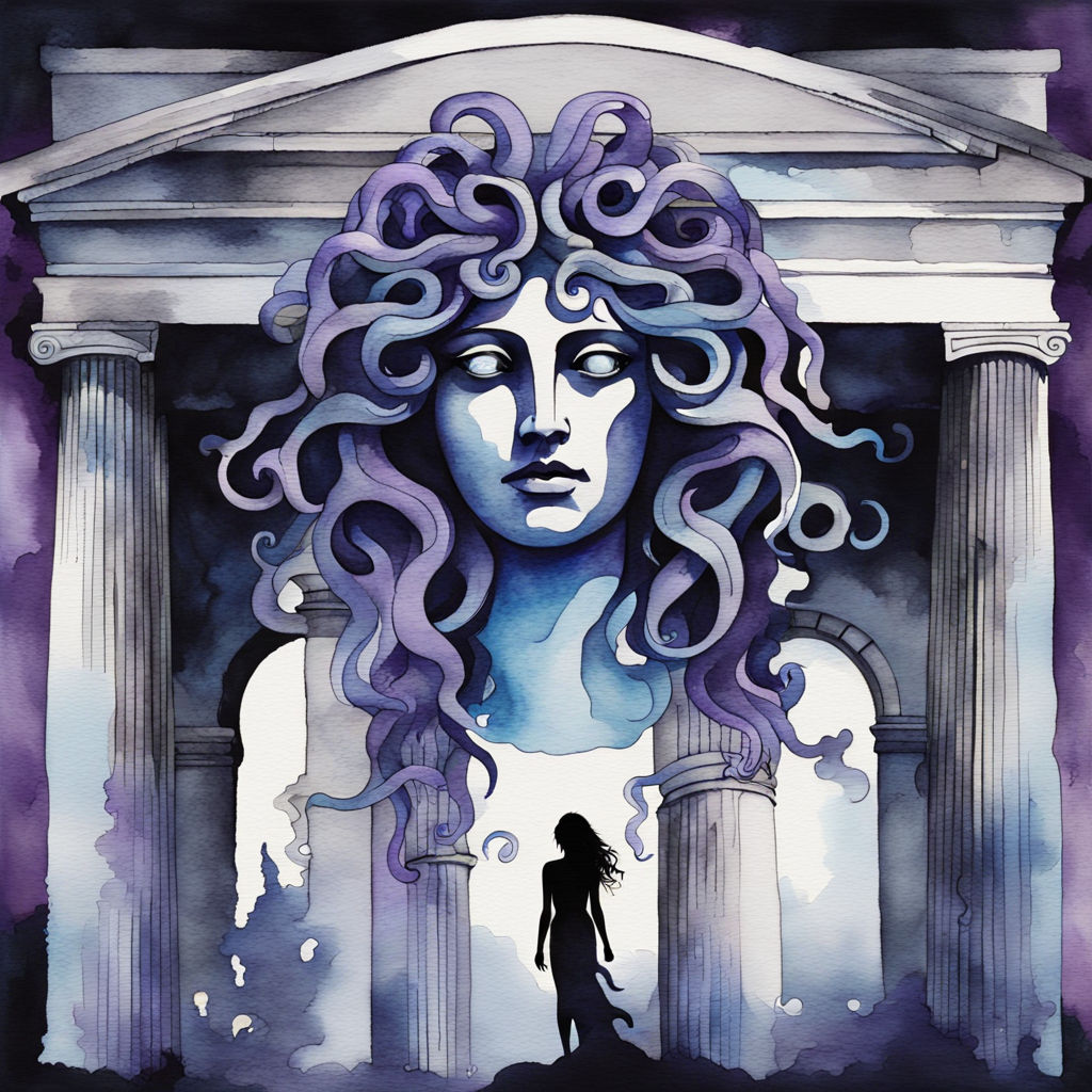 Ink Wash Painting of Medusa at the Entrance to a Greek Temple