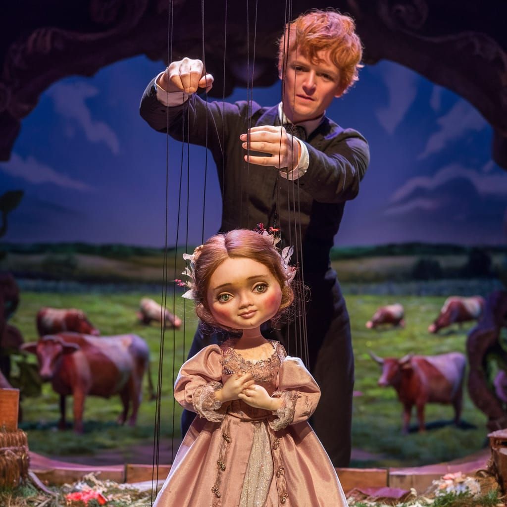 A captivating scene of a skilled tall male ginger puppeteer ...