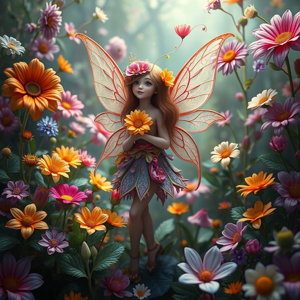 A whimsical flower fairy in a fantasy garden sorounded by different varieties of flower shapes and colors ...  by @amrellin