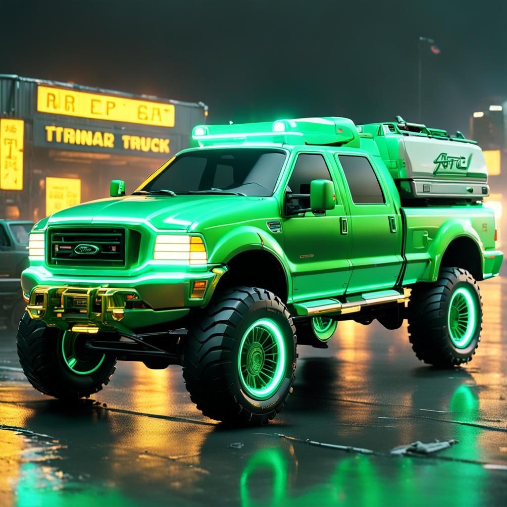 Green 1998 Ford F-250 artic expedition truck (cyberpunk 2099...