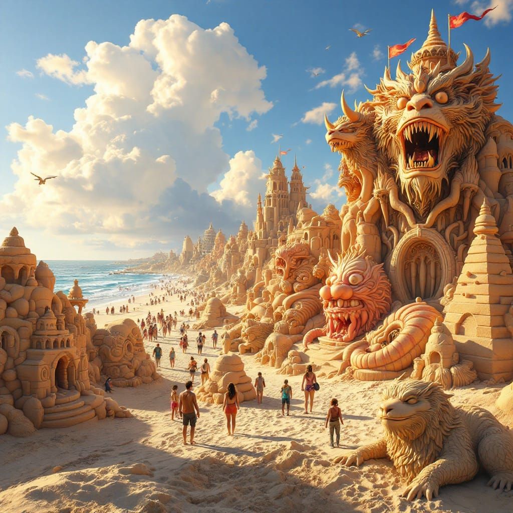 Sand sculpture contest of champions on sunny day  by @Hereami