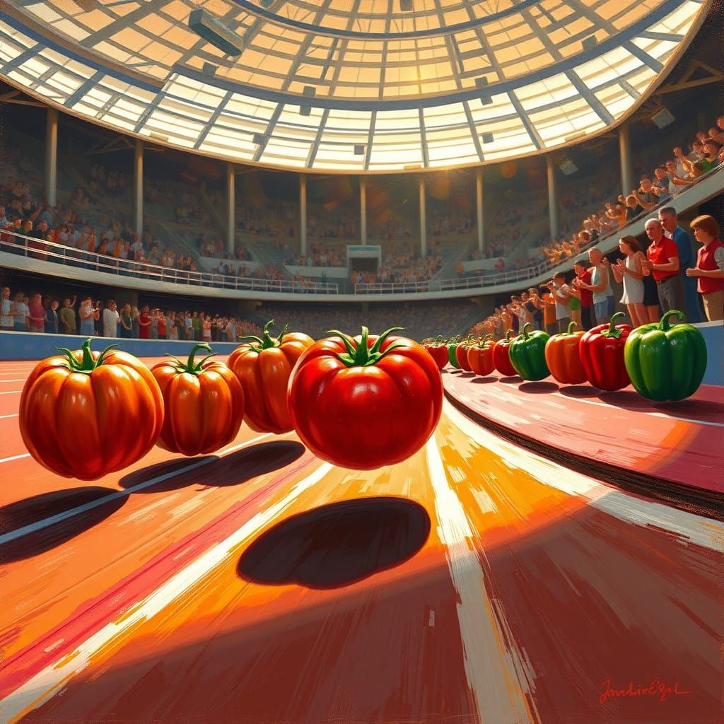 Vibrant Stadium Scene with Sprinting Tomatoes in Golden Ligh...