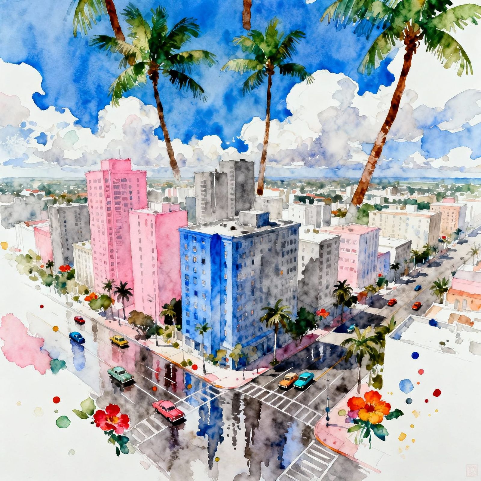 Watercolor Cityscape with Palm Trees and Vintage Cars