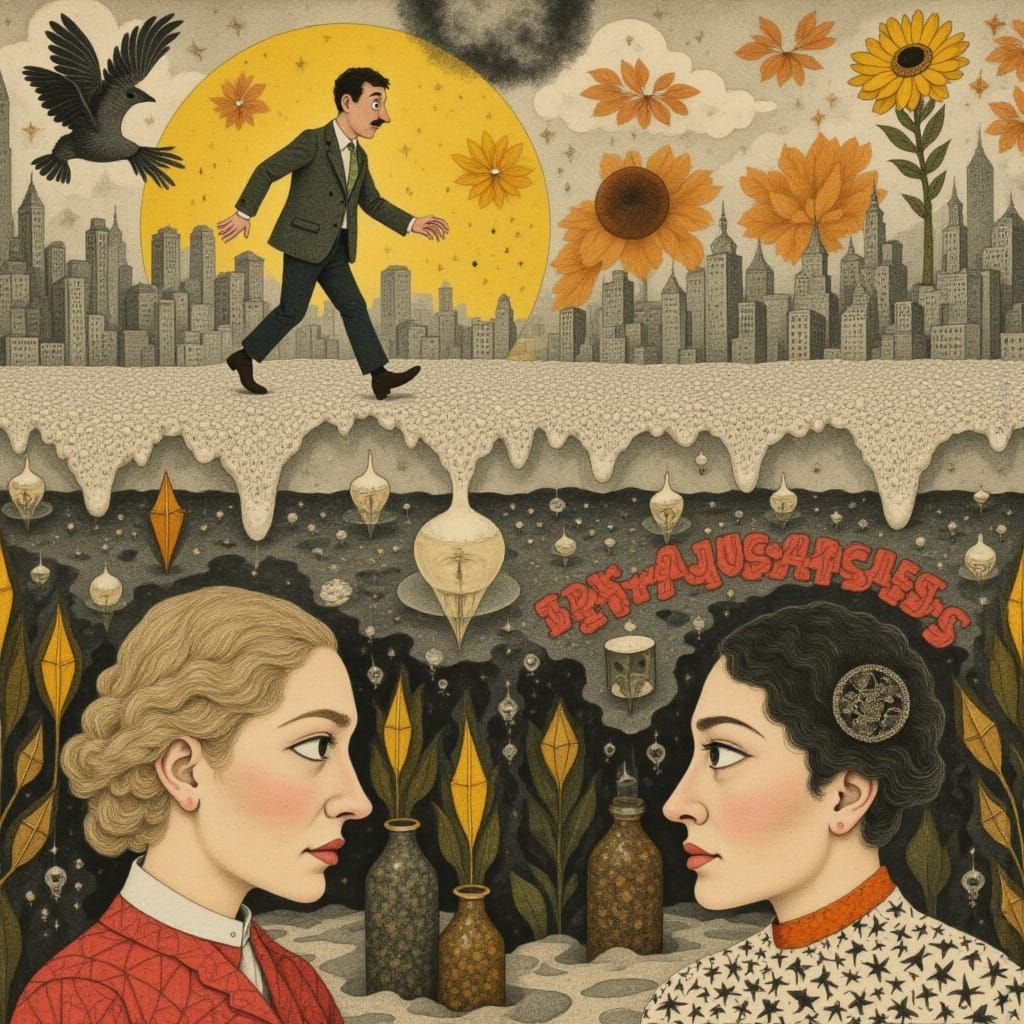 Melancholic Photographic and Drawn Collage: Agar's incorporation of distorted or fragmented colors, photographic elements (vintage portraits...