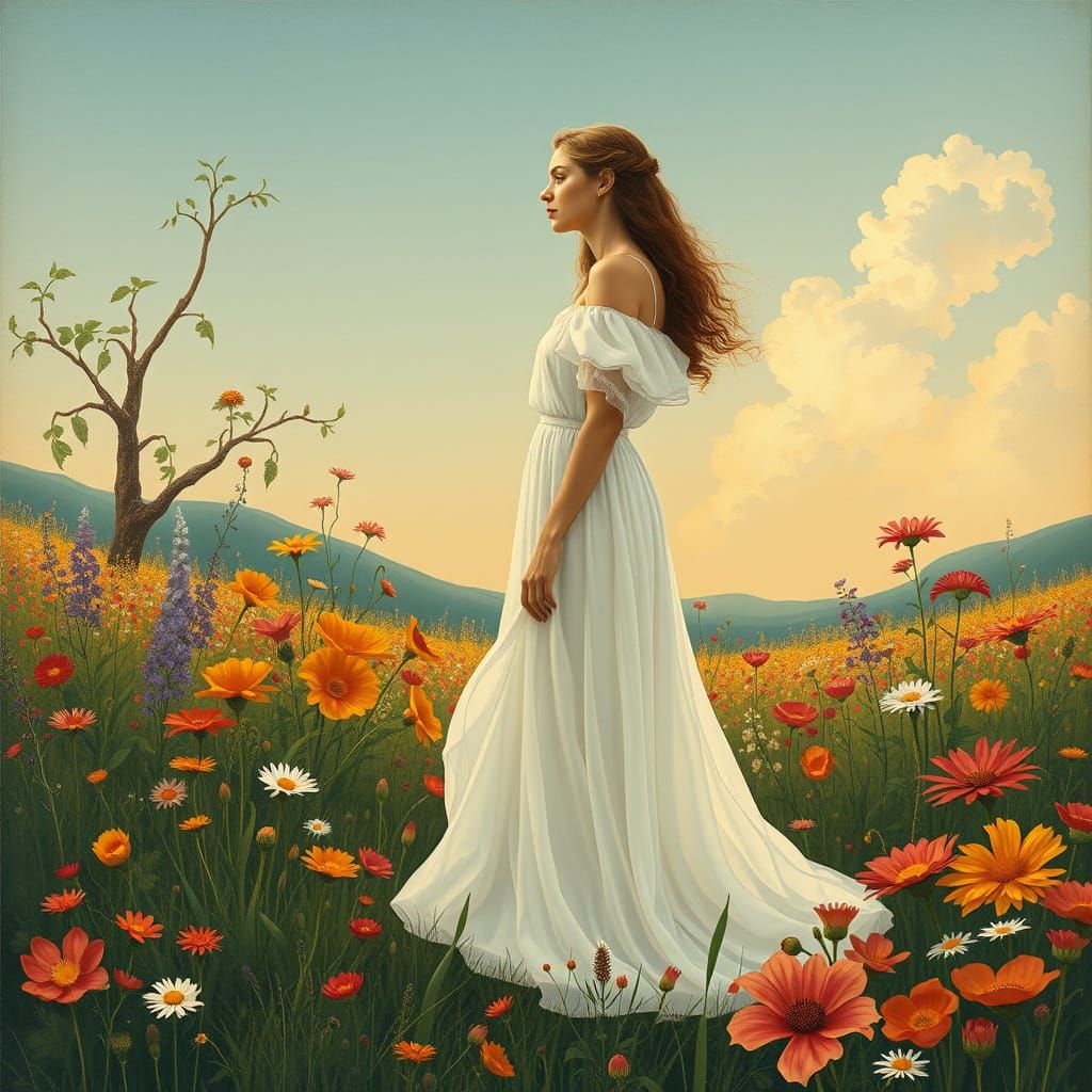 Woman in Wildflower Meadow, Art Nouveau Illustration