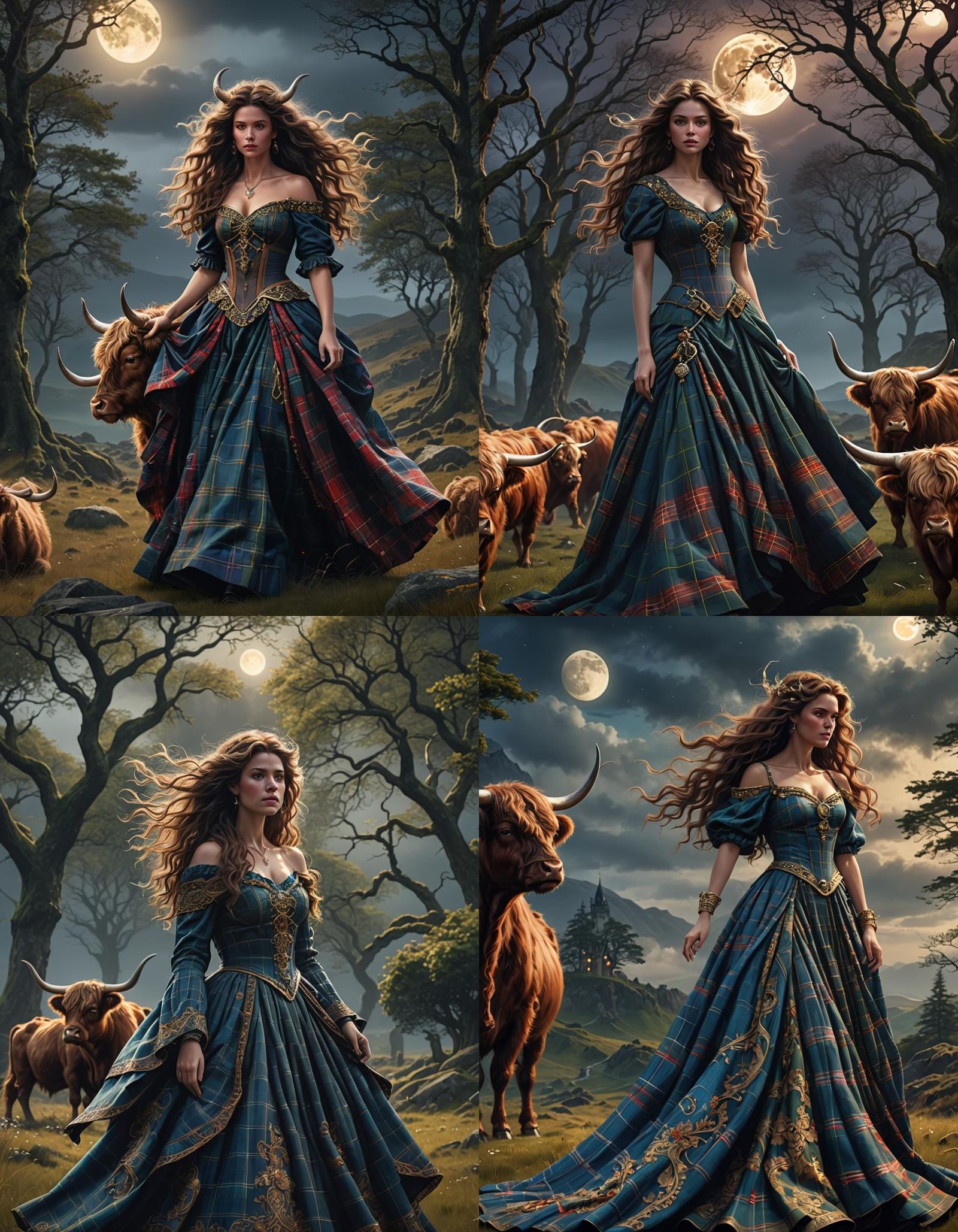 -Tartan Balldress. Brunette beauty . Enormous wavy hair faci...