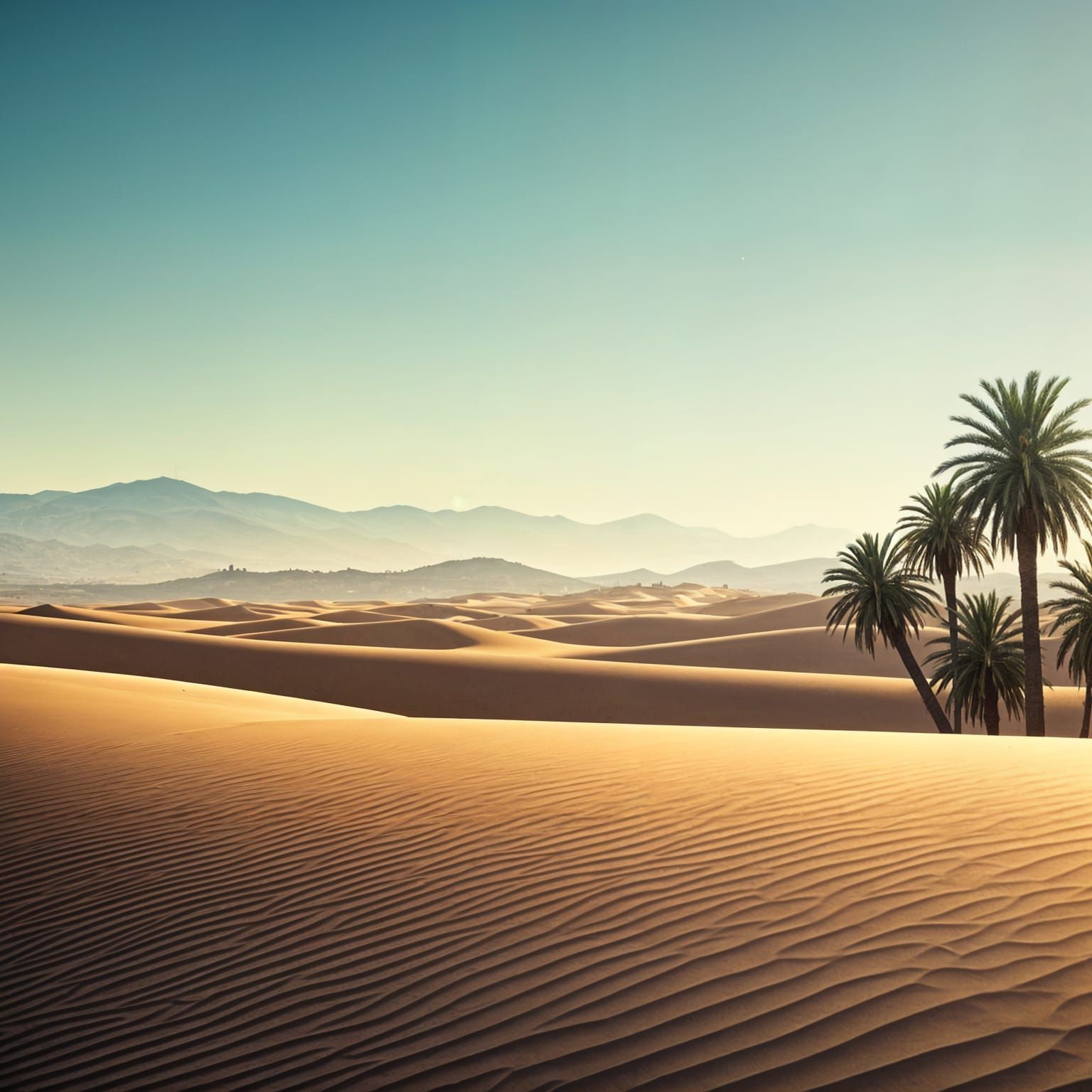 Serenely Majestic Desert Dunes with Palm Trees and Fading Mo...