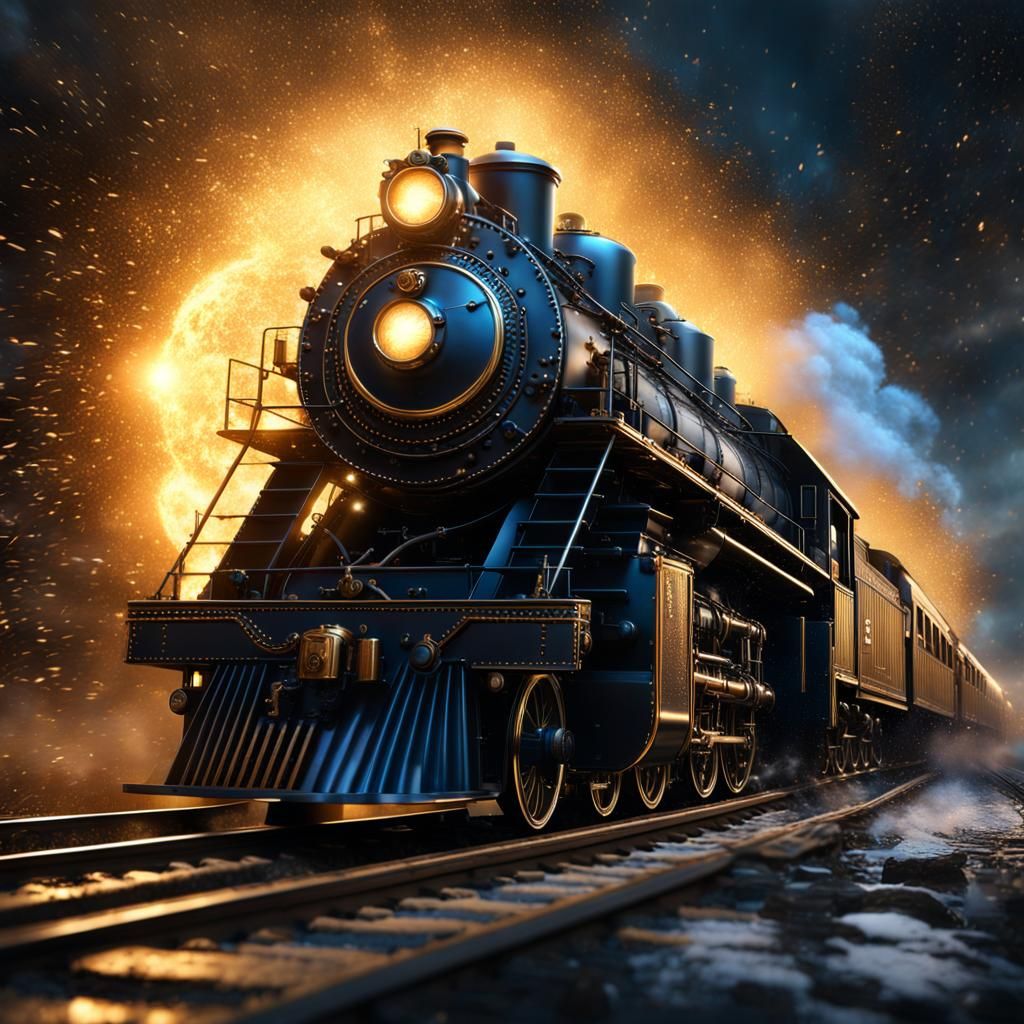 A black void with specs of tiny silver, blue specks of light and in the center a powerful super golden locomotive steam ...