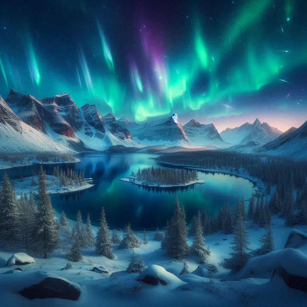 Winter in the Mountains with Nothern Lights