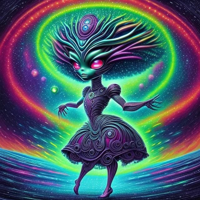 chibi princess dancing in the rain, visible musculature, cosmic, glow, ridged/grooves 